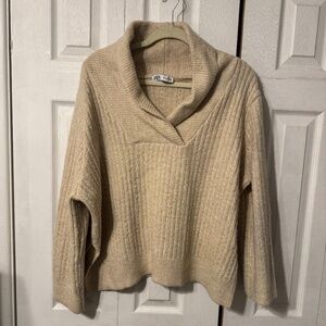 Zara - Cream/Tan Collared Cable Knit Sweater - Size Small